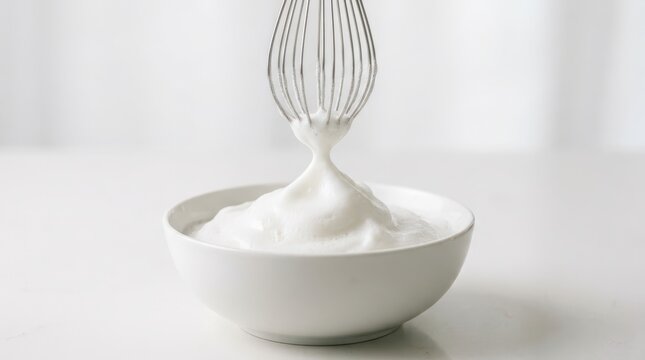 Whisk lifting fluffy white whipped egg whites from a bowl