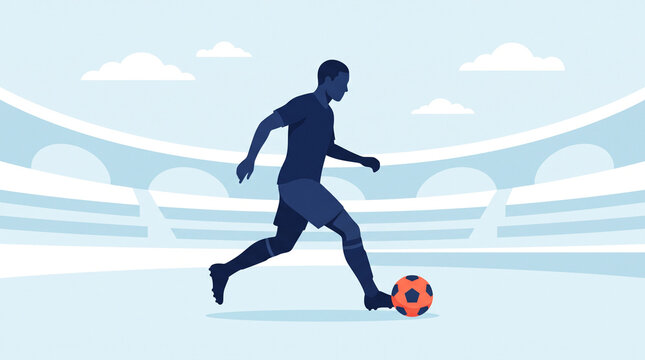 Silhouette of a soccer player dribbling a ball in an empty stadium with football