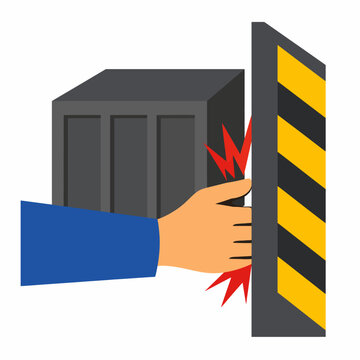 Hand Crushed Between Heavy Industrial Object and Wall Flat Vector Workplace Pinch Hazard Safety Warning Illustration