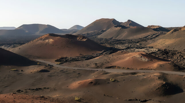 Volcanic landscape of Timanfaya National Park on Lanzarote, Canary Islands, Spain. Dramatic lava fields, ash deserts and volcano craters resembling a lunar surface.