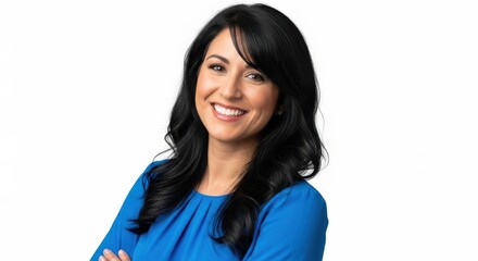 Fototapeta premium Smiling woman with wavy dark hair wearing blue top