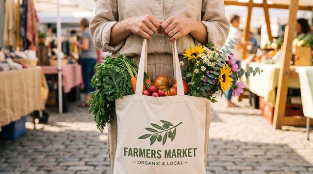 Close up of woman holding reusable canvas tote bag filled with fresh organic vegetables and flowers at local farmers market, sustainable shopping and healthy lifestyle concept