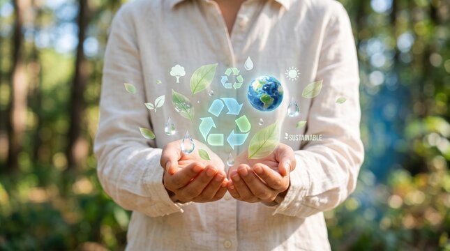 Hands holding holographic icons of earth, recycling symbol, leaves and water drops representing ecology, sustainability and environmental protection concept in nature background