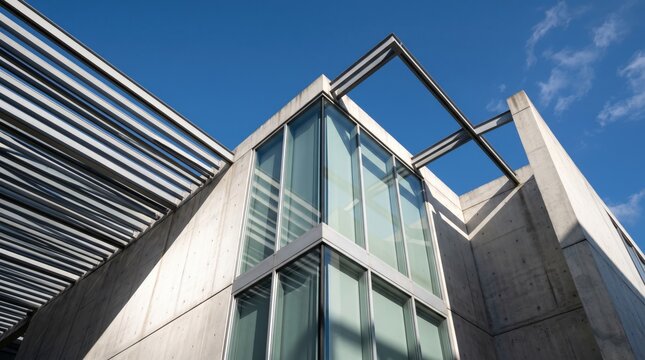 Modern concrete building facade with large glass windows and steel beams against clear blue sky, contemporary urban architecture design.