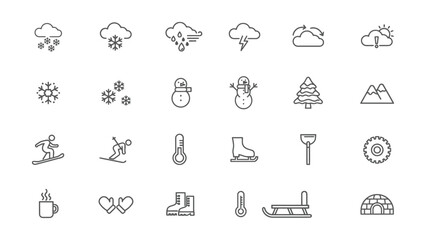 Fototapeta premium Collection of winter themed icons featuring snow activities weather elements and outdoor winter lifestyle symbols