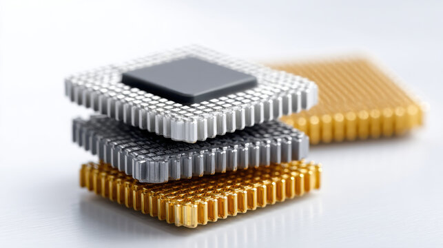 Semiconductor packaging with stacked microchips showing metallic pins and intricate design for electronic device connection and performance