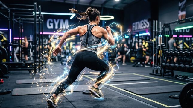 Athletic woman performing dynamic lunge exercise in gym, surrounded by glowing energy effects, fitness motivation, strength training workout, sportswear activewear