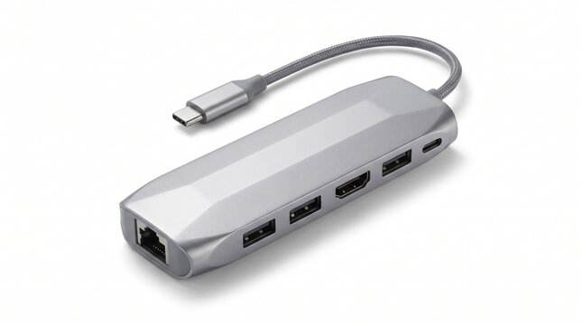 USB Type C Multiport Hub Adapter with Multiple USB Ports Isolated on White Background