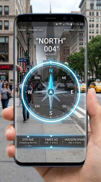 Smartphone with Augmented Reality Compass in Urban Cityscape.