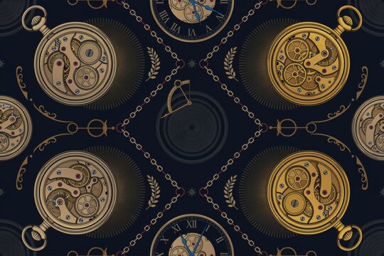 A seamless pattern featuring vintage pocket watches with visible internal clockwork mechanisms, gold chains, and laurel leaf motifs
