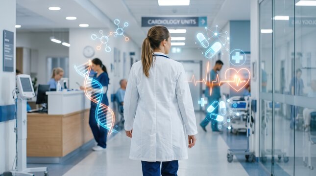 Female doctor walking down hospital corridor towards cardiology unit with digital holograms of DNA, pills and heart rate monitoring, advanced medical technology and healthcare