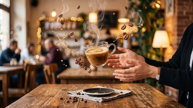 Hot coffee cup with floating beans and steam, cozy cafe background, morning energy concept, aromatic beverage, warm atmosphere, lifestyle photography