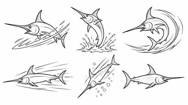Marlin Fish Set, Sketch Style Illustrations of Jumping Billfish