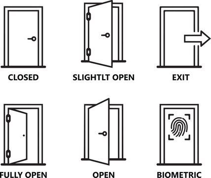 door status icons set open closed exit and biometric access vector illustration