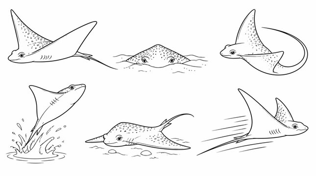 Set of stingray illustrations in various swimming poses