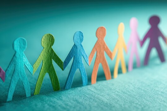 Colorful paper people holding hands together in a row. Diversity and unity concept.