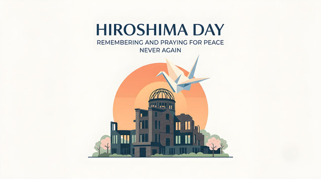 Hiroshima Day Banner with Atomic Bomb Dome Silhouette Flying Origami Paper Crane and Praying for Peace Typography