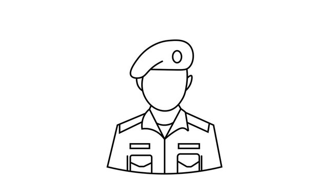The video features a simple black line-art avatar of a military officer wearing a beret and rank shoulder epaulets,