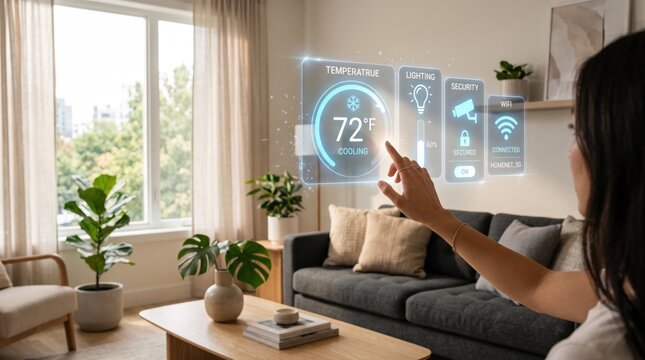 Woman interacting with futuristic holographic smart home interface, controlling lighting security and wifi, augmented reality technology, virtual screen projection