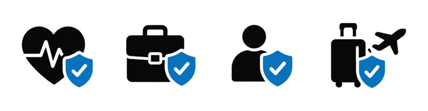Insurance Services Icon Set. Health heartbeat shield, business briefcase protection, life insurance person shield, travel luggage airplane protection vector icons