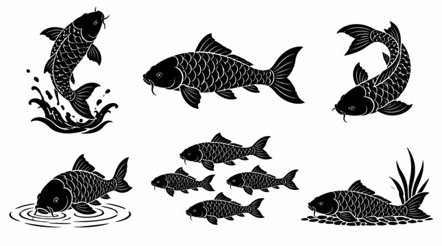 Koi Fish Silhouette Set in Various Dynamic Poses and Water Movements