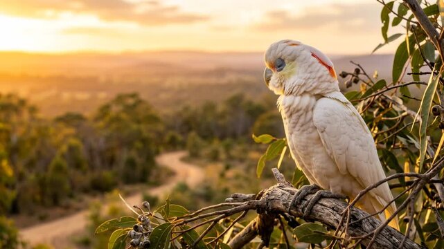 corella bird on eucalyptus tree in australia golden light close up video