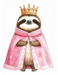 Fototapeta premium A cute sloth wearing a golden crown and a pink royal cape, standing proudly with a charming smile.