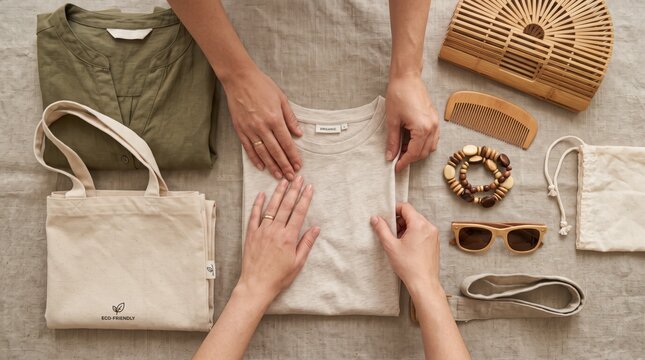 Eco-friendly sustainable fashion flat lay, organic cotton clothes, bamboo accessories and reusable bags, zero waste lifestyle and ethical consumerism concept