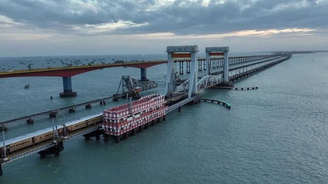 Aerial View of Train Crossing Pamban Railway Bridge in Rameswaram Tamil Nadu India