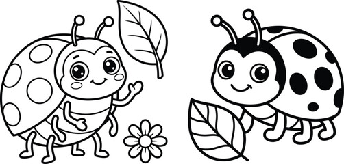 Cute ladybug coloring page for kids featuring two friendly beetles, green leaves, and a small flower outline rendering. © Naimur Reign