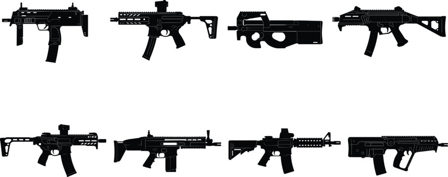 Collection of modern tactical assault rifles and submachine gun silhouettes isolated on white background