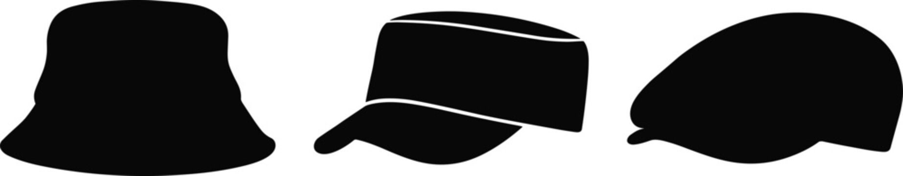 Set of black hat and cap silhouettes isolated on a white background vector illustration