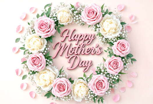 Beautiful floral wreath with pink roses and baby breath for mothers day celebration greeting card design