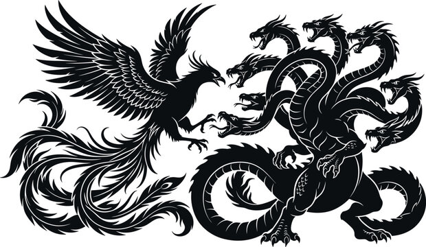 Black silhouette vector illustration of a mythical phoenix bird fighting a multi headed hydra dragon