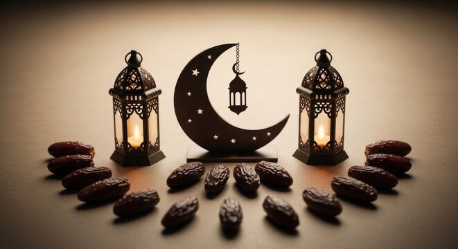 Ramadan Islamic crescent moon with dates and lanterns for Iftar.