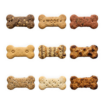 Collection of various dog treats shaped like bones isolated on transparent background