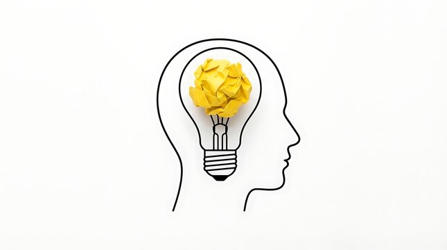 Human head outline with a yellow paper light bulb idea