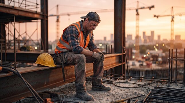 construction worker sitting exhausted on steel beam at high rise building construction site