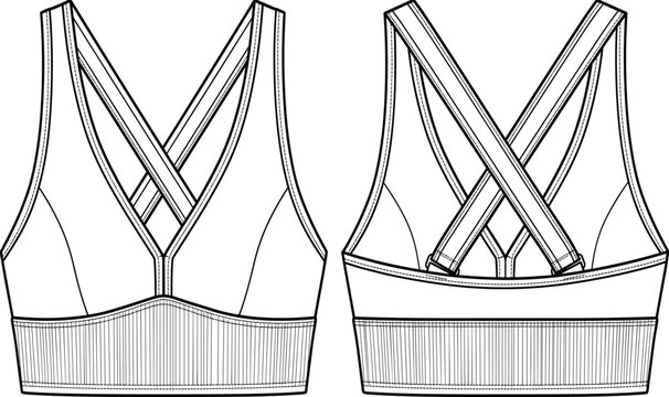 Women sports bra activewear flat sketch apparel technical drawing vector template illustration front and back view