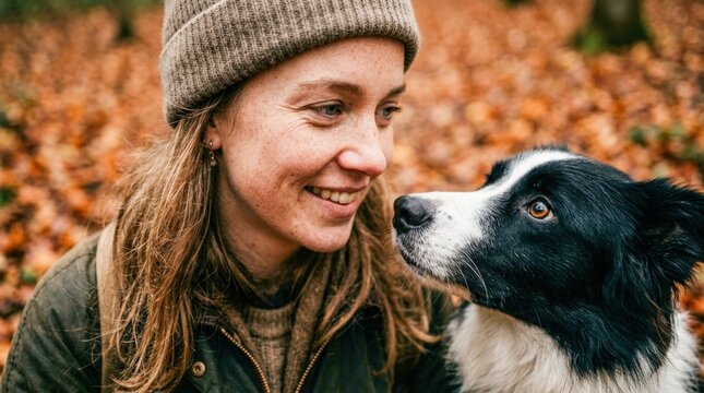 Woman and Dog Sharing a Moment in Autumn.