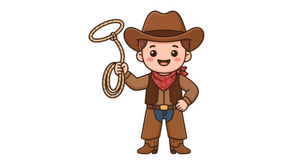 Cartoon Cowboy with Lasso: A charming cartoon cowboy in full western attire, complete with a hat, vest, and boots, confidently holds a lasso, ready for adventure in the Wild West.