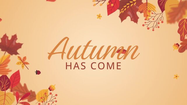 Autumn typography background video with colorful fall leaves berries and acorns frame 4k motion graphics illustration
