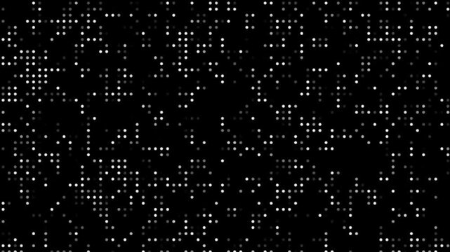 White Halftone Dot Gradient Motion Background with Vintage Grunge Texture. Abstract 2D Digital Pattern on Black Screen for Motion Graphics, Futuristic Technology Visuals, Modern UI Design, Creative 4k