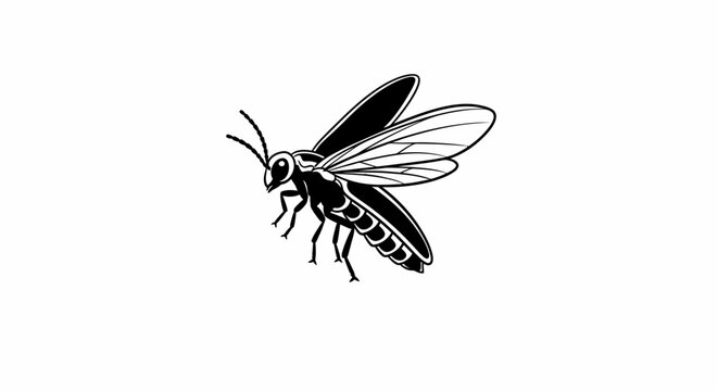 Black and white vector illustration of a flying wasp or hornet insect. Nature, wildlife, pest, and stinging bug icon isolated on white background.