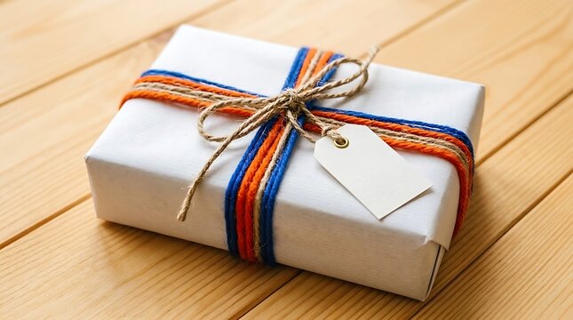 Gift box wrapped in white paper with colorful string ribbon