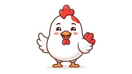 Cute Chicken Greeting: A charming cartoon chicken with a cheerful expression and vibrant red comb offers a friendly wave, perfect for playful designs and agricultural themes. © Robaba
