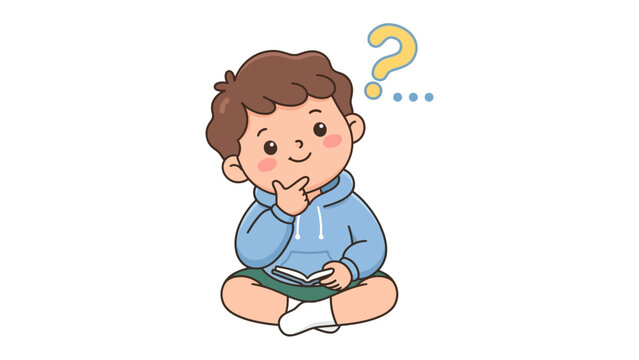 A Curious Child Thinking: A young boy with a thoughtful expression sits cross-legged, a book open before him, pondering a question marked by a yellow question mark above his head.