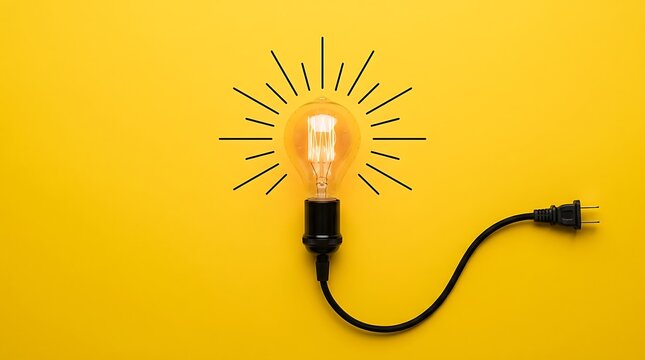 Glowing light bulb with electric cord on yellow background