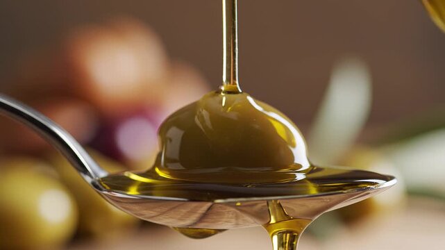 Golden Olive Oil Pouring Onto Fresh Olive on Metal Spoon