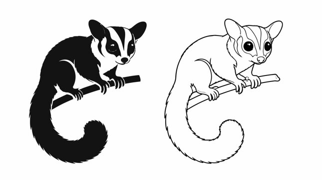 Sugar glider silhouette and line art illustration on white background